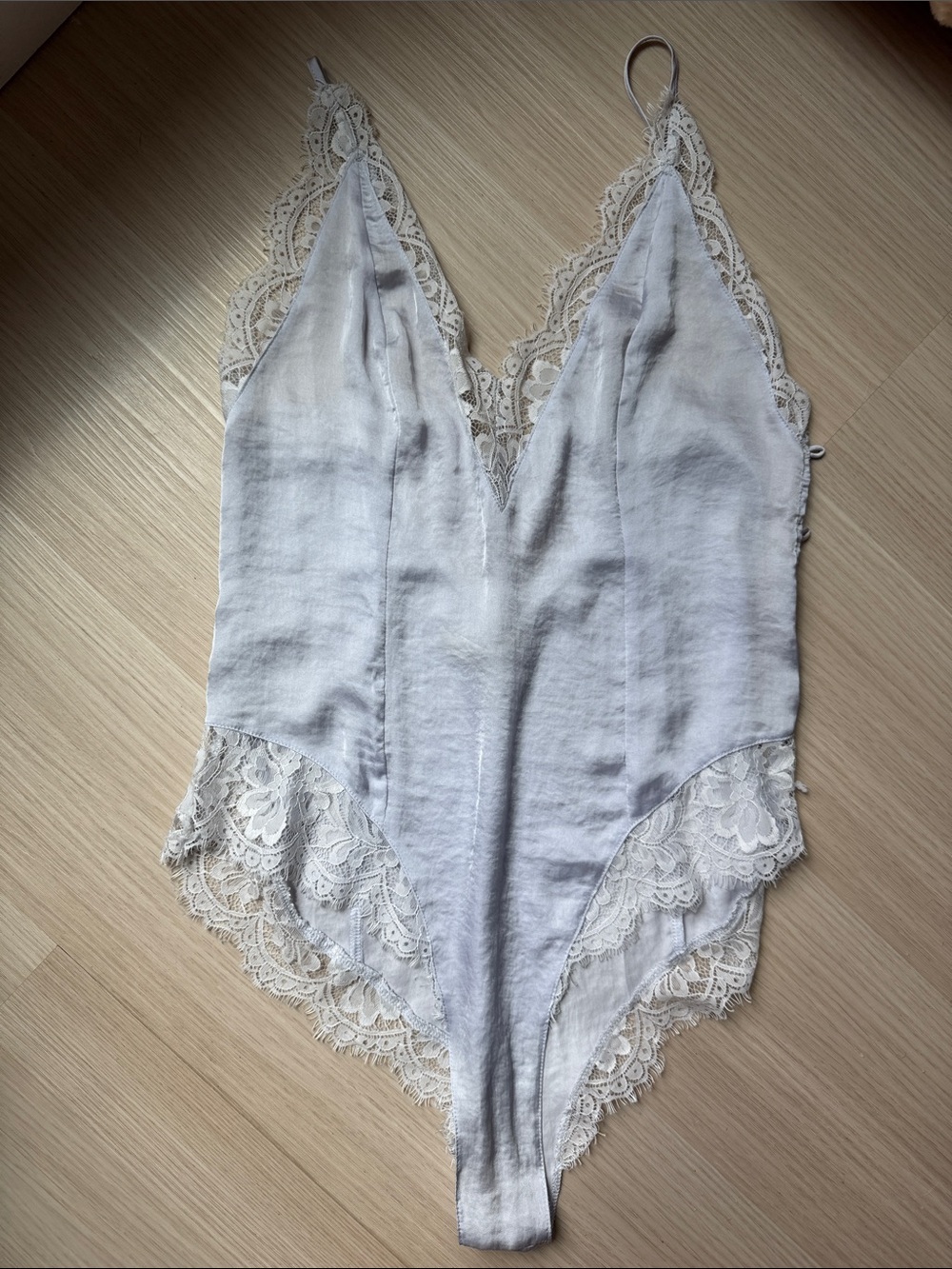 Free people Lace-Trim Satin Slip Bodysuit in Pearl Gray tone